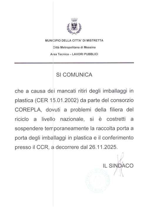Sospensione temporanea "Raccolta degli imballaggi in plastica"