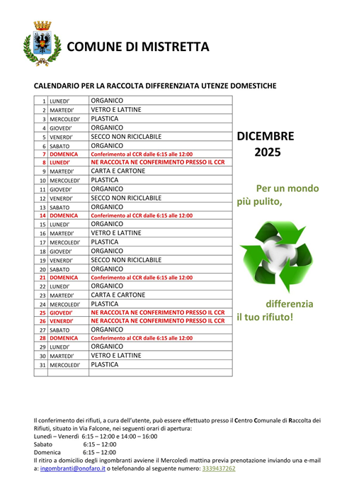 Calendario per la raccolta differenziata utenze domestiche  mese di Dicembre  2025