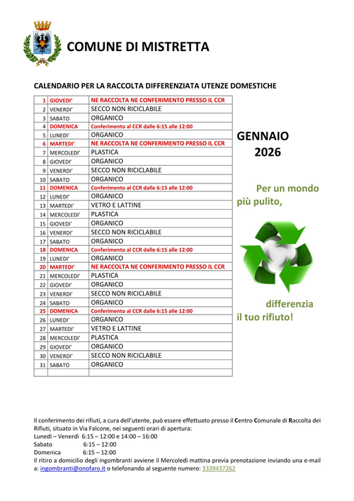 Calendario per la raccolta differenziata utenze domestiche  mese di Gennaio  2026