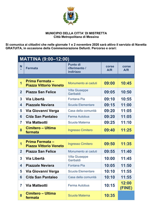 Servizio Navetta  GRATUITO  in occasione della Commemorazione dei Defunti nelle giornate del 1 e 2 Novembre.