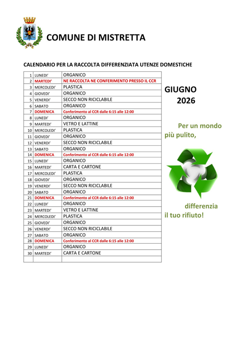 Calendario per la raccolta differenziata utenze domestiche  -  Dal mese di Giugno a Dicembre 2026