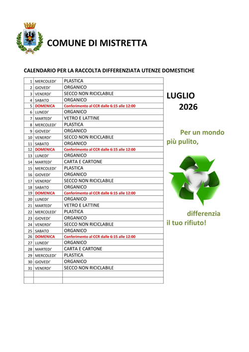 Calendario per la raccolta differenziata utenze domestiche  -  Dal mese di Luglio a Dicembre 2026