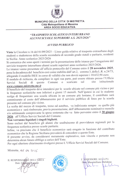 Avviso Pubblico "Trasporto Scolastico Interurbano Alunni Scuole Superiori A.S. 2025/2026"